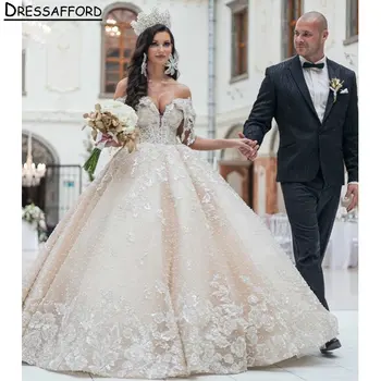 Blizgučiai Kristalų Blizgančiais Appliques Dubajus Kamuolys Suknelė Vestuvių Suknelė Nuo Peties Perlai Iliuzija Saudo Arabų Korsetas Nuotakos Suknelė