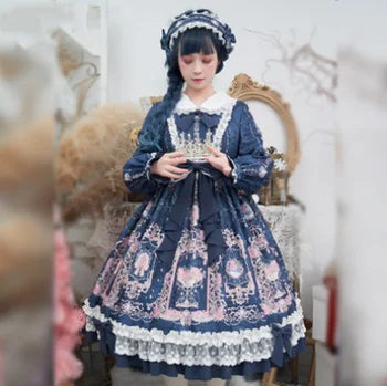 kawaii girl gothic lolita op Saldus princesė lolita suknelė retro nėrinių bowknot peter pan apykaklės aukštos juosmens spausdinimo viktorijos suknelė