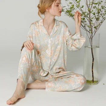 2021 Naujas 2 dalių Komplektas Moterų Pižama Sleepwear Šilko Satino Megztinis ilgomis Rankovėmis Namų Kostiumas Mados Šeimos naktiniai drabužiai Drabužių Rinkiniai