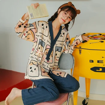 Moterų Kimono Pižama, Nauja Rudens Megztos Medvilnės Sleepwear Nustatyti Animacinių filmų ilgomis Rankovėmis V-kaklo, Atsitiktinis Minkštas XXL Moterų Homewear