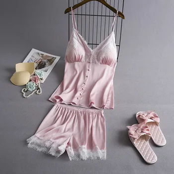 2020 metų Vasaros Sleepwear Moterų Pižama Rinkinys Sexy Satin Pyjama Femme Nėrinių Pižama Su Krūtinės Pagalvėlės drabužiai kostiumas