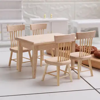 1SET Modeliavimas Miniatura Baldai, Mediniai Valgomojo Stalas, Kėdės Modelis Lėlės Namas Mini Žaislas Priedai