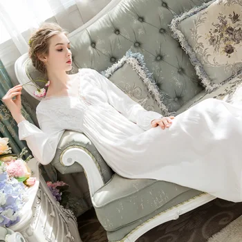 Moterų Medvilnė Seksuali ilgomis Rankovėmis Nightgowns Moterų Nėriniai Saldus Princesė Nightdress Elegantiškas Prarasti Sleepwear V-kaklo Namų Suknelė