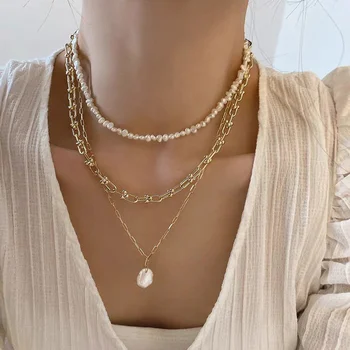 ALLNEWME Elegantiškas Nereguliarus Gėlavandenių Perlų Vėrinį Stambusis Nuorodą Grandinės Pakabukas Choker Karoliai Moterų prancūzijos Vestuvių Papuošalai