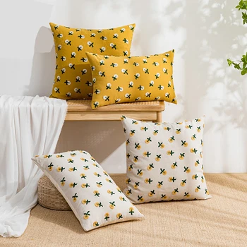 INS skalbiniai, medvilnė gėlių žakardinės pagalvėlės dangtis saulėgrąžų vienpusis siuvinėjimo pagalvę padengti geltona balta sofa dekoro užvalkalas