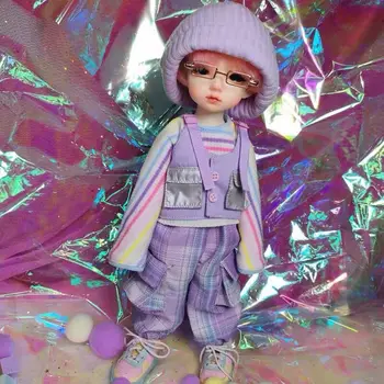 BJD Doll Drabužiai tinka 1/6 mados vaivorykštė striped top + apynasrio liemenė + asmeninį krovinių kelnės + hat + kojinės