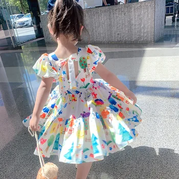 Kūdikių, Mergaičių Suknelės Vasarinės Suknelės Vaikams Rankovių Mielas Skėtis Spausdinti O-kaklo-line Grafiti Vasaros Princesė Suknelės