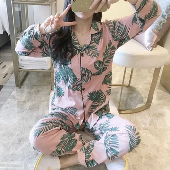 Vasarą Moterys Šilko Satino Pižama Nustatyti Spausdinami Ilgomis Rankovėmis Sleepwear Pijamas Kostiumas Moterų Miego Dviejų Dalių Loungewear