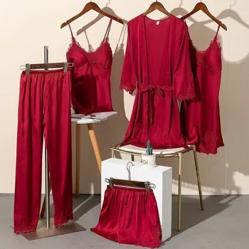 Pižama Rinkinys Moterims, 5VNT Sleepwear Atsitiktinis Satino naktiniai drabužiai Ištaigingas Dėvėti V-Kaklo Minkštųjų Pižamos Chalatas Kimono Suknelė Laisvas apatinis Trikotažas