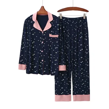 Pavasario Pižama Moterų Namų Drabužiai Nustatyti Kostiumas Apykaklės Plonas Modalinis Spausdinimo Kontrastingų Spalvų Atvartas Cardigan Sleepwear Loungewear