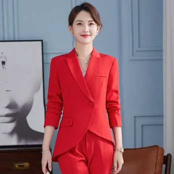Korėjos rudens tiktų didelio dydžio biuro, moterų verslo baltos apykaklės oficialų suknelė profesionalus suknelė darbo drabužius, raudonos spalvos kostiumas + kelnės