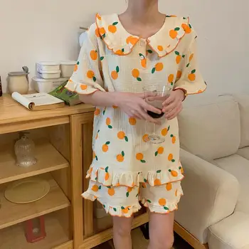 Oranžinė Spausdinti Vasaros Pižama Nustatyti Moterų Minkštos Medvilnės Sleepwear Namų Tiktų Marškinėliai Topai + Šortai Nustatyti Dviejų Dalių Atsitiktinis Laisvas