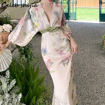 Naujų Gėlių Spausdinti Suknelės Moterims, Japonų Stiliaus Satino V Kaklo HarajukuKimono Suknelė Moterų Aprangos Elegancija Derliaus Vestido XL