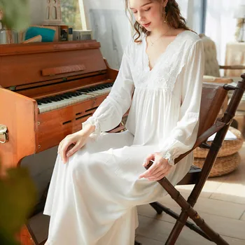 Medvilnės Princesė Sleepwear Vasaros Namų Padažu Suknelė Moterims Seksualus Baltas Nightdress Su Nėrinių Apdaila Minkštas Ilgomis Rankovėmis V-Kaklo, Homewear
