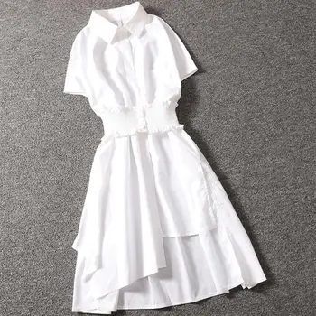 Nereguliarus balti marškinėliai suknelė moterims vasaros suknelė 2021 nauji trumparankoviai pasukite žemyn apykaklės-line suknelė
