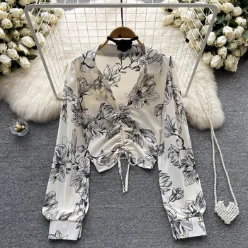 Vintage Design Raišteliu V-kaklo Marškinėliai Rudenį Nauja, Moterų Ilgas Rankovėmis Marškinėliai viršuje palaidinė blusas mujer de moda 2022
