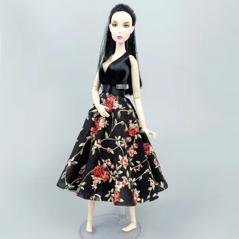 Juoda Gėlių V-Kaklo Suknelė Komplektai Barbie Lėlės Šalis Suknelė Mados Drabužiai, 1:6 Lėlių Priedai Vaikai 