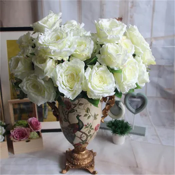 Meldel Didelis Baltas, Pink Rose Dirbtinių Gėlių Puokštė 7 Vadovai Šilko Netikrą Gėlės, Puokštės, Vestuvių Namų Puošybai Dirbtiniais Gėlės