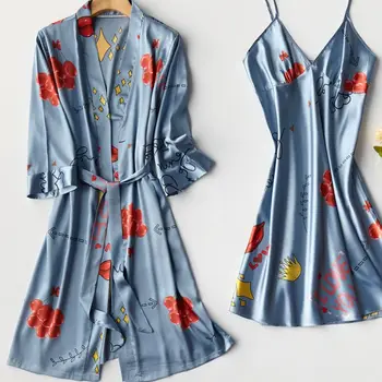 2VNT Skraiste Rinkinys Satin Lady Chalatas Kimono Suknelė 2021 M. Vasarą Naujas Seksualus naktiniai drabužiai Spausdinti Intymus apatinis Trikotažas Namų Drabužių Sleepwear