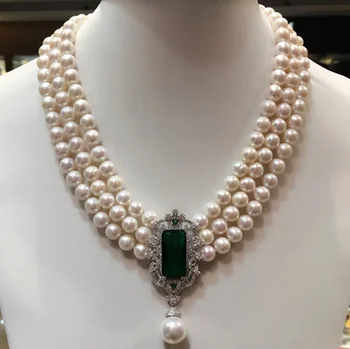 Karšto parduodu nauja 8-9mm natūralios baltos spalvos gėlavandenių perlų multi-layer karoliai cirkonis aksesuarų, bižuterijos