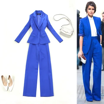 Nustatyti moterų OLIS profesinės temperamentas savęs auginimo lobis mėlyną mygtuką kostiumas, švarkas ir plačios kojos kelnės dvi