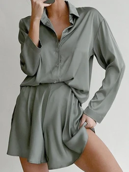 Moterų Pavasario Vasaros Satino Homewear Pajama Kostiumas ilgomis Rankovėmis Marškinėliai + Šortai Dviejų dalių Komplektas Moterų Mados Atsitiktinis Komplektus
