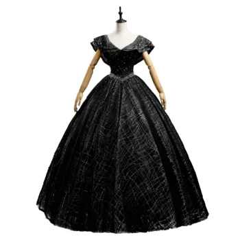 prabangūs juodos spalvos blizgučiais apykaklės duobute kamuolys suknelė princesė viduramžių ilga suknelė Renesanso suknelė queen Victoria/muitinės priėmimo
