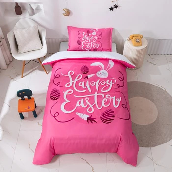 Linksmų Velykų Dieną Patalynės Komplektas Velykų Kiaušinių Pink Bunny Antklode Padengti Vaikams Lovos Antklodė Padengti Lova Nustatyti dviejų Dydis Mergaičių Miegamasis Dekoro