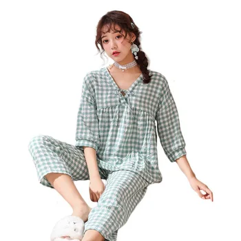 pledas pižama moterų V-kaklo namų drabužiai moterims medvilnės moterų vasaros pižama trys ketvirtį rankovės visas ilgis kelnes FG141
