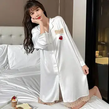 Atvartas Sleepwear LadySatin Nightshirt Pižamą Negabaritinių Rudens Miego Suknelė Minkštas Ištaigingas Dėvėti Kimono Vestuvių Apdarą Suknelė Sleepshirt